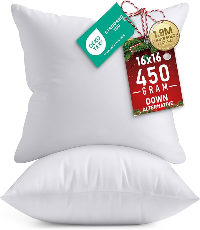 Utopia Bedding 16x16 Pillow Inserts, Set of 2, White – Indoor Decorative Throw Pillows for Bed, Sofa & Couch – Soft, Supportive & Fluffy Cushion Inserts