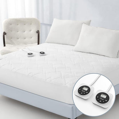 Queen Size Electric Heated Mattress Pad - Quilted Bed Warmer with Memory & Preheat Functions, 12 Heat Settings Dual Control for 1-12 Hours Auto Off, Lighted Button