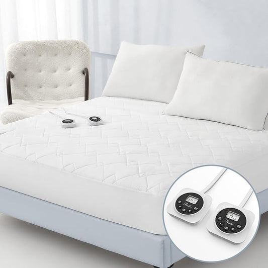 Queen Size Electric Heated Mattress Pad - Quilted Bed Warmer with Memory & Preheat Functions, 12 Heat Settings Dual Control for 1-12 Hours Auto Off, Lighted Button