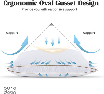puredown® Natural Goose Down Feather Pillows for Sleeping Oval Gusseted Feather Down Pillow 100% Cotton Pillow Cover with Leaf Quilting King Set of 2