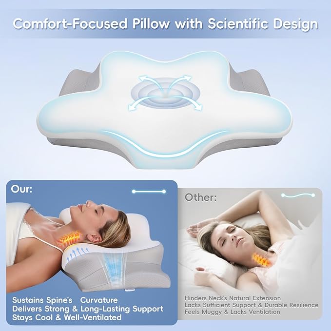 Cervical Neck Pillow, Memory Foam Pillows for Neck and Shoulder Pain Relief, 2 Heights Ergonomic Pillow with Breathable Ice Silk Cover, Neck Support Pillow for Side Back Stomach Sleepers