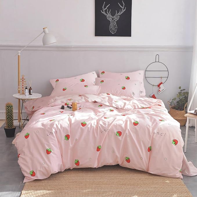 AOJIM Pink Kids Duvet Cover Set Cute Style, Pure Cotton Anime Bedding Comforter Cover Set 3pcs with Zipper Closure, 1 Super Soft Strawberry Duvet Cover and 2 Pillowcases for Room Decor, Twin XL Size