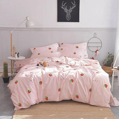 AOJIM Pink Kids Duvet Cover Set Cute Style, Pure Cotton Anime Bedding Comforter Cover Set 3pcs with Zipper Closure, 1 Super Soft Strawberry Duvet Cover and 2 Pillowcases for Room Decor, Twin XL Size