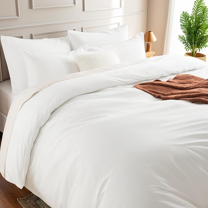 NEXHOME PRO Duvet Cover Set California King Linen Look Textured Cream White Organic Natural 100% Washed Cotton Duvet Cover 3 Pieces Bedding Set with Zipper Closure, Breathable, Soft (No Comforter)