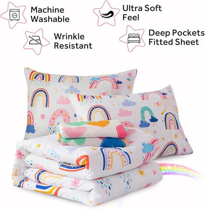 Holawakaka Boho Rainbow Twin Comforter Set with Sheets, 5-Piece Bohemian Love Heart Star Bedding Set for Girls & Women -Super Soft Microfiber Kids Teen-Girls Reversible Bed-in-a-Bag