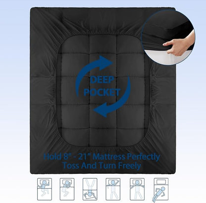 ELEMUSE California King Black Cooling Bamboo Viscose Mattress Topper for Back Pain, Extra Thick Mattress Pad Cover, Plush Soft Pillowtop with Elastic Deep Pocket, Overfilled Down Alternative Filling