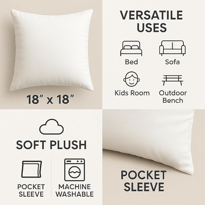 Throw Pillow Inserts (18"x18") | Set of 4 | Easy Maintenance Fluffy Inserts for Better Comfort | Polyester Gel Fibre Fill | No Feather Pokes | Machine Washable in Delicate Cycle