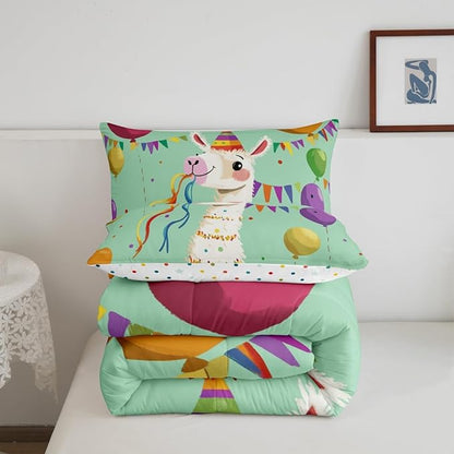 Funny Alpaca Bedding Set King Size Cartoon Wild Animal Comforter for Child Teens Colorful Balloons Dots Down Comforter Geometric Triangle Flag Duvet Insert with 2 Pillowcases