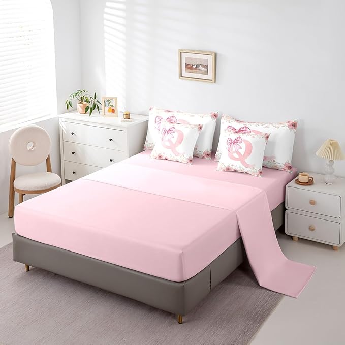 Erosebridal Kawaii Pink Bow Tie Bowknot Bed in A Bag,Flower Initial Letter Q Bedding Sets for Kids Girls Twin Size, Spring Fresh Style Comforter Set with Sheets, 2 Pillowcases, 2 Throw Pillow Covers