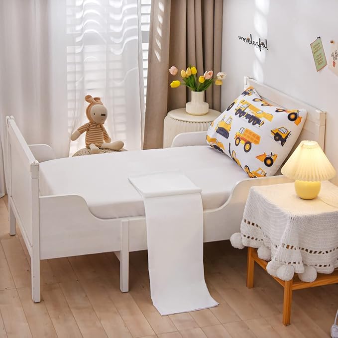 NTBED 4 Pieces Construction Toddler Bedding Set for Baby Boys, Truck Vehicles Excavator Cars Printed, Includes Comforter, Flat Sheet, Fitted Sheet and Pillowcase,White