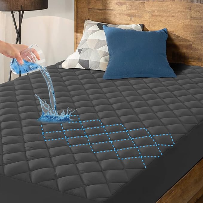 HYLEORY Twin Size Waterproof Mattress Pad Protector, Breathable Quilted Mattress Cover Noiseless Waterproof Fitted Sheet Mattress Topper Upto 21" Deep Pocket, Dark Grey