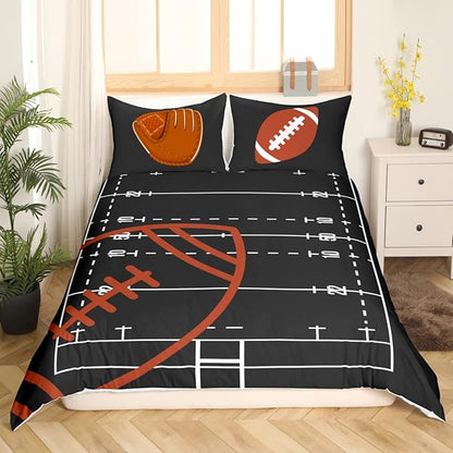 Castle Fairy American Football Field Comforter Cover,Boys Ball Sports Games Themed Bedding Set for Modern Room,Brown Rugby Gloves Sporting Equipment Duvet Cover with 2 Pillowcases, Queen 90''x90''