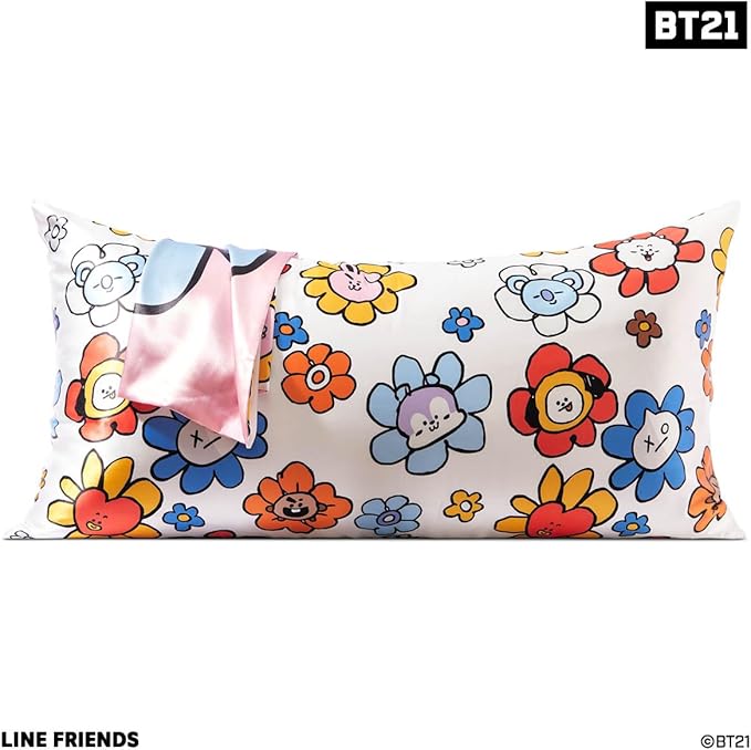Kitsch x BT21 Satin Pillowcase with Zipper – Better Than Silk Pillowcase, Cooky Character & Funky Floral Print – Soft Cooling Toddler Bed Time Pillow Case for Hair & Skin – King Size 19x36