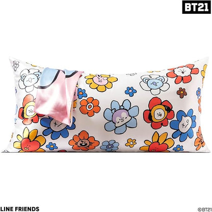 Kitsch x BT21 Satin Pillowcase with Zipper – Better Than Silk Pillowcase, Cooky Character & Funky Floral Print – Soft Cooling Toddler Bed Time Pillow Case for Hair & Skin – King Size 19x36