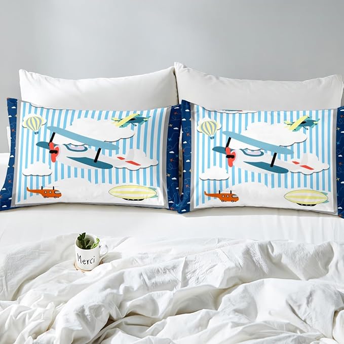 Erosebridal Airplane Kids Bedding Cartoon Aircraft Design Comforter Set Full for Boys Girls Colorful Planes Hot Air Balloon Bed Set Blue and White Sketch Lines Kawaii Clouds Quilt with 2 Pillowcases