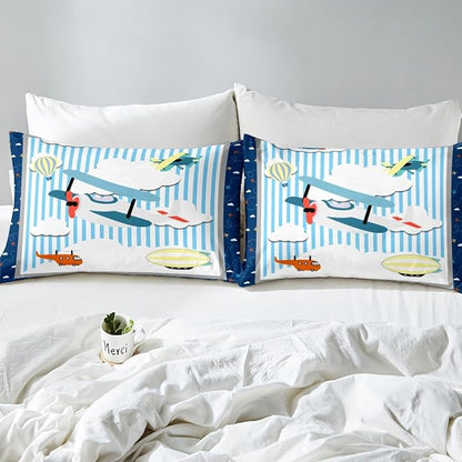 Erosebridal Airplane Kids Bedding Cartoon Aircraft Design Comforter Set King for Boys Girls Colorful Planes Hot Air Balloon Bed Set Blue and White Sketch Lines Kawaii Clouds Quilt with 2 Pillowcases