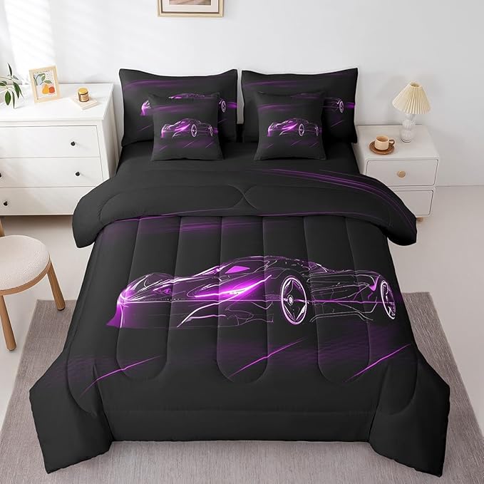 Feelyou Purple Race Car 7 Piece Bedding Set King Size for Kids Boys Extreme Sport Games Comforter Set with Sheets Teens Toddler Fast and Furious Bed in a Bag Cool Modern Bed Set