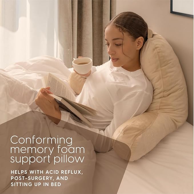 Milliard Reading Pillow with Arms, Cream, Shredded Memory Foam Back Pillow for Bed Sitting Up - Sit Up Backrest Support for Reading & Rest Bed - Washable Cover, Adjustable Comfort, CertiPUR Certified