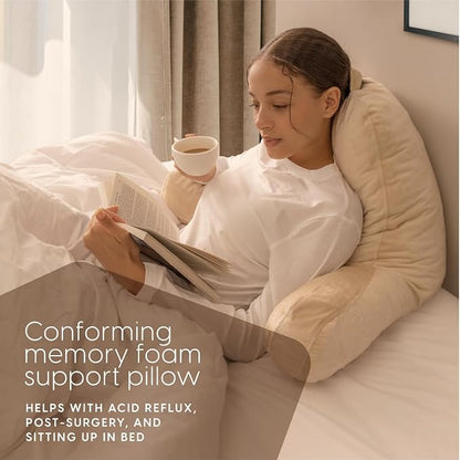 Milliard Reading Pillow with Arms, Cream, Shredded Memory Foam Back Pillow for Bed Sitting Up - Sit Up Backrest Support for Reading & Rest Bed - Washable Cover, Adjustable Comfort, CertiPUR Certified
