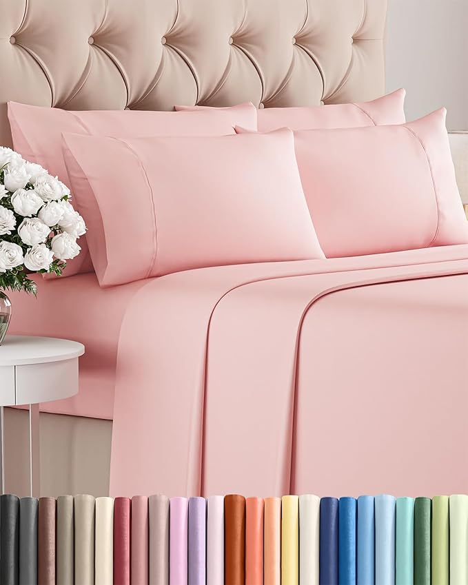Queen Sheets Set 6 Piece - Bed Sheets Queen Size - Soft Hotel Luxury Bedding - Cooling, Comfy & Breathable - 1 Flat & 1 Fitted and 4 Pillowcases with Deep Pockets - Wrinkle and Fade Free - Baby Pink