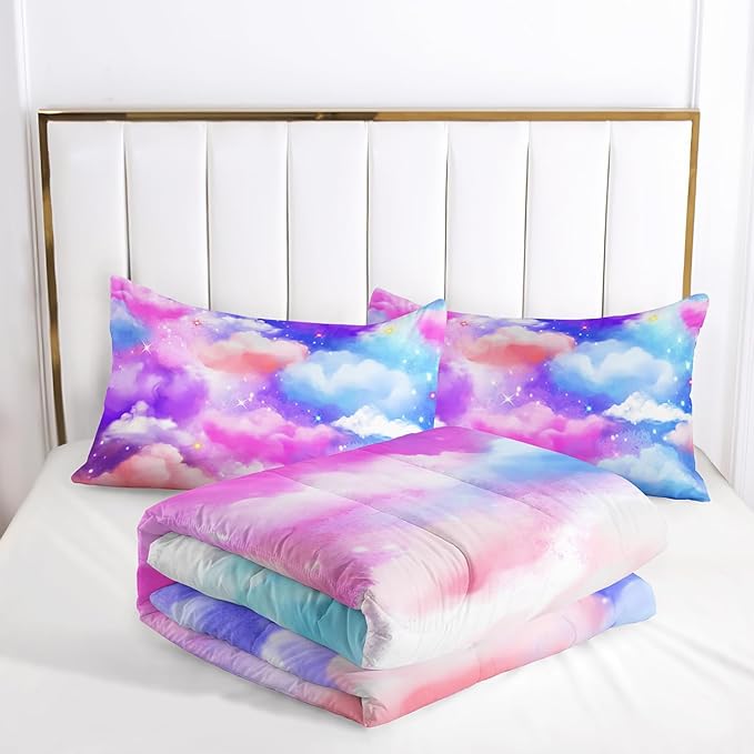 Rainbow Bedding Set,Pink Clouds Comforter Set Twin Size for Boys Girls Pink Blue Cloud Sky 3D Digital Printing Comforter Set with 1 Comforter and 2 Pillowcases