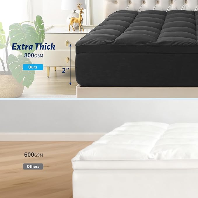 Mattress Topper with Deep Pocket, Extra Thick Pillow Top Mattress Pad, Breathable & Cooling Mattress Cover, Fits 8-21 Inch, Soft Support for Back Pain Relief, Mattress Protector (Queen, Black)
