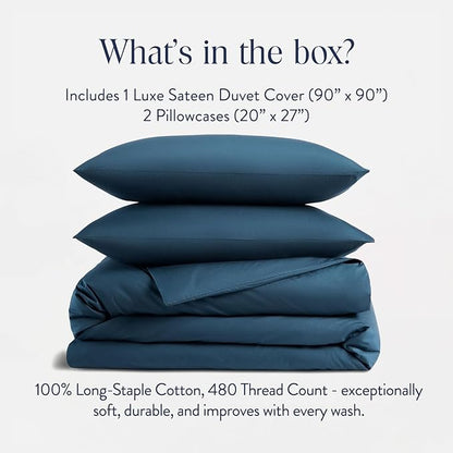 Brooklinen Luxury Sateen Duvet Cover Set - 100% Cotton, Full/Queen Size in Abyss Blue - Includes 1 Duvet Cover and 2 Standard Pillowcases - Best Full/Queen Duvet Covers
