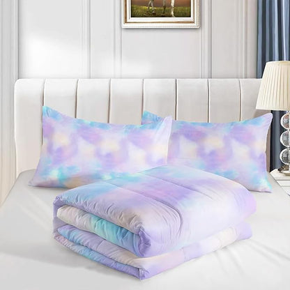 Axolotl Tie Dye Bedding Set King,Pink Blue Purple Cloud Comforter Set,Colorful Gradient Bedding,Tie Dye Pastel Comforter for Adults,Rainbow Gradient Clouds Bed for Women,1 Quilt 2 Pillowcases