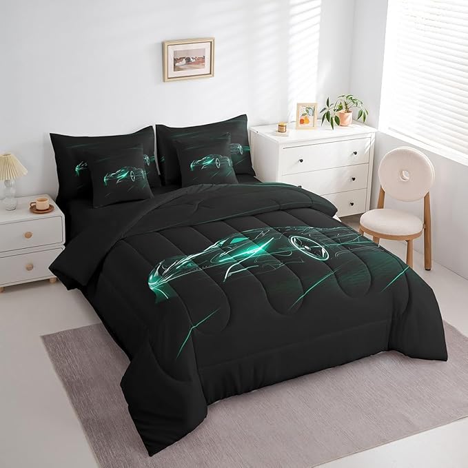 Feelyou Teal Race Car 7 Piece Bedding Set King Size for Kids Boys Extreme Sport Games Comforter Set with Sheets Teens Toddler Fast and Furious Bed in a Bag Cool Modern Bed Set