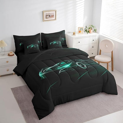 Feelyou Teal Race Car 7 Piece Bedding Set King Size for Kids Boys Extreme Sport Games Comforter Set with Sheets Teens Toddler Fast and Furious Bed in a Bag Cool Modern Bed Set