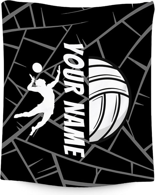 Volleyball Blanket, Personalized Volleyball Gifts for Women Adults, Custom Girls Sport Blankets Gift for College Team Players, Black Soft Plush Kids Throw for Sofa Bed, 50"x60"