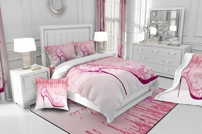 Feminine Pink Bedding Set Full Size,Paris Romantic Flowers Butterfly High Heels Duvet Cover for Girls Kids Woman Room Decor,Fantasy Glitter Comforter Cover Valentine Day Quilt Cover,2 Pillowcases