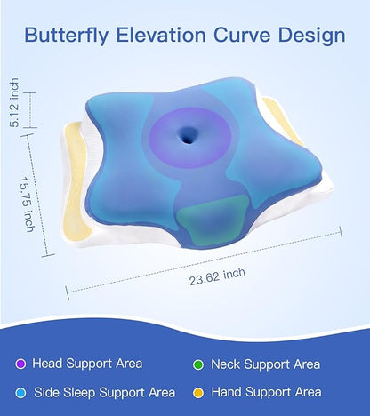 Neck Support Pillow Effectively Relieves Shoulder and Neck Pain, Ergonomic Memory Foam Pillow with Washable Ice Silk Cover, Breathable cervical Pillow for Back, Side, and Stomach Sleepers (Blue White)