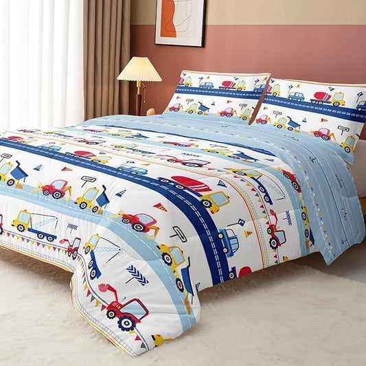 Axolotl Cartoon Car Kids Comforter Set King,Construction Bedding for Boys,Trucks Excavator Tractor Bed Set for Teens Adults Girls,3 Piece Colorful Cars Bedding with 1 Quilt 2 Pillowcases Blue Red