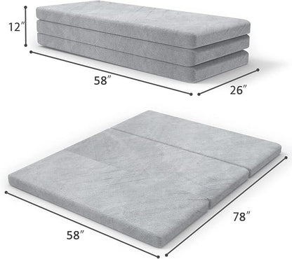 SINWEEK 4" Queen Folding Mattress with Storage Bag - Foldable Trifold Floor Bed Topper, CertiPUR-US Certified Guest Sleeping Pad, Machine Washable Cover & Waterproof Inner Lining