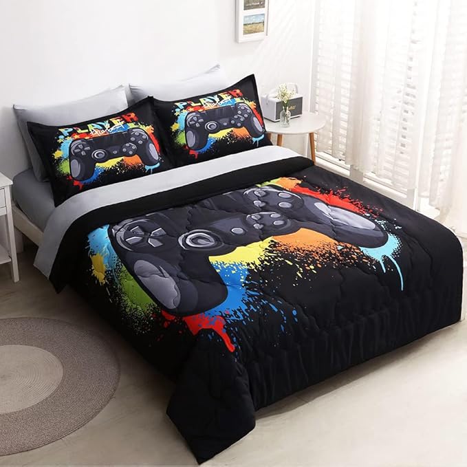 Wajade Kids Gamer Comforter Set Queen Size Bed in a Bag for Boys and Girls, 7 Pieces 3D Video Game Controller Printed Bedding Set Includes Comforter, Flat Sheet, Fitted Sheet, Two Pillowcases & Shams