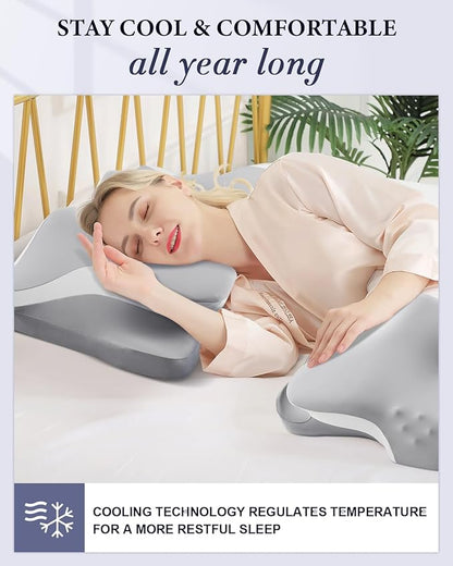 Cervical Neck Pillow for Pain Relief, Cooling Ergonomic Memory Foam Pillows for Sleeping with Breathable Pillowcase, Contour Deep Sleep Neck Support Pillow for Side Back Stomach Sleepers-Light Grey