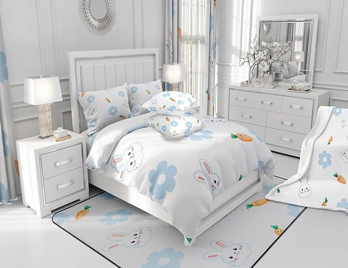 Cartoon Rabbit Kids Comforter Set Queen Size 3 Pcs Blue 70s Groovy Hippie Daisy Bedding Comforter for Kids Boys Girls Teens Orange Carrot Cute Wild Animals Bedroom Quilt Set with 2 Pillowcases