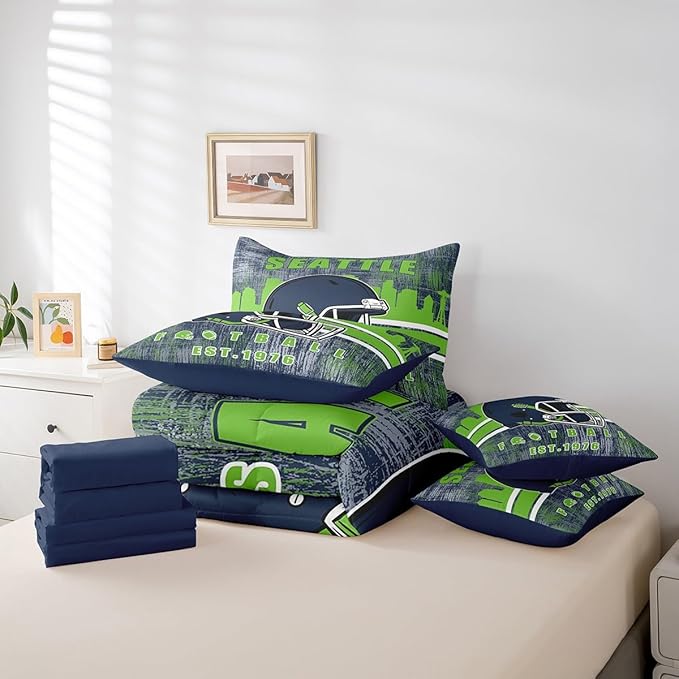 Erosebridal Football City Bedding Set Classic Sports Helmet Boys Bed in A Bag Queen, Rugby Fans Comforter Sets with Sheets for Boys Gridiron Seasonal Bed Set Navy Green Room Decor
