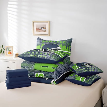 Erosebridal Football City Bedding Set Classic Sports Helmet Boys Bed in A Bag Queen, Rugby Fans Comforter Sets with Sheets for Boys Gridiron Seasonal Bed Set Navy Green Room Decor