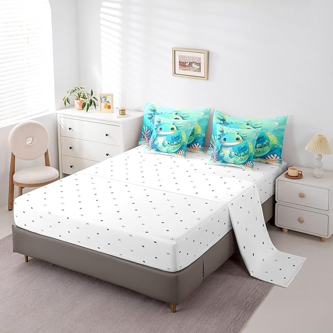 Feelyou Cute Axolotl 7 Piece Bedding Set Full Size Cute Blue Teal Axolotl for Kids Boys Girls Teens Toddler Ocean Animal Bed in a Bag Comforter Set with Sheets Cartoon Bed Set