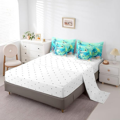 Feelyou Cute Axolotl 7 Piece Bedding Set Queen Size Cute Blue Teal Axolotl for Kids Boys Girls Teens Toddler Ocean Animal Bed in a Bag Comforter Set with Sheets Cartoon Bed Set