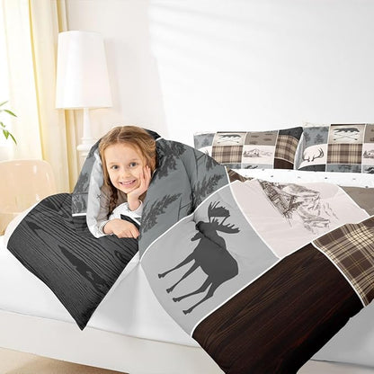 Hunting Camper Comforter Set Queen Size Bear Elk Arrow Wild Animals Bedding Set Kids Boys Teens Women Rustic Farmhouse Cabin Home Decor 3pcs,Retro Geometric Stripes Plaid Duvet Insert,Brown Grey