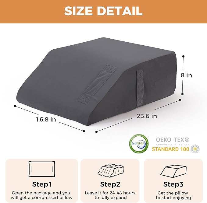 Leg Pillow Elevation Blood Circulation, Leg Elevation Pillows for After Surgery, Swelling, Leg Elevating Pillows with Cover and Handle, Leg Pillow for Pain Relief, 23.6×16.8×8Inch, Velvet Grey