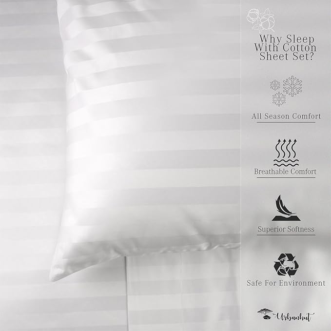 URBANHUT 1000 Thread Count Egyptian Cotton Sheets Damask Striped California King Size, Long Staple Soft & Breathable, 4 Pc Bed Sheet Sets, Luxury Hotel Sateen Sheets Fits 16" Deep Pocket - White
