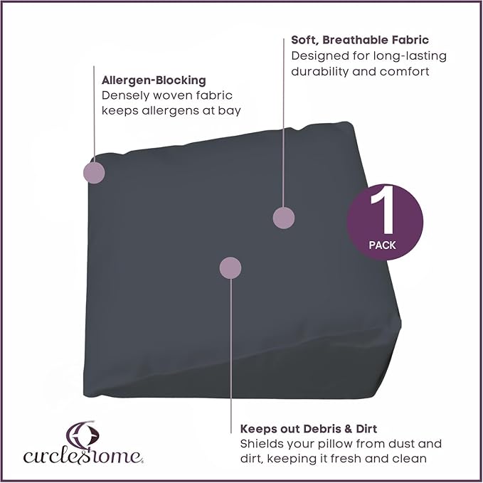 CirclesHome Wedge Pillow Cover 100% Cotton, Zippered Wedge Pillow Case Protector, Soft, Hypoallergenic & Breathable -Dark Grey, (25Wx26Lx10)