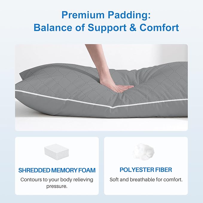 YZ HOME Long Body Pillow for Adults - Firm Body Pillow Insert with Shredded White Memory Foam, Adjustable Height, Soft Support for Side Sleeping, Pregnant Women, Washable (Grey, 20x54 Inch)
