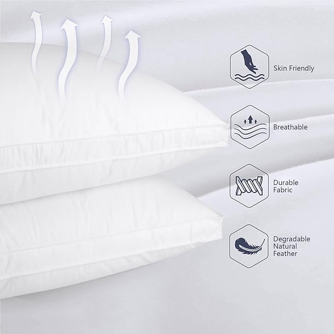 Queen Size Goose Down Pillow - Single Bed Pillow, Hypoallergenic Down and Feather Blend 500 Fill Power, 100% Cotton Cover, Medium Firm Support