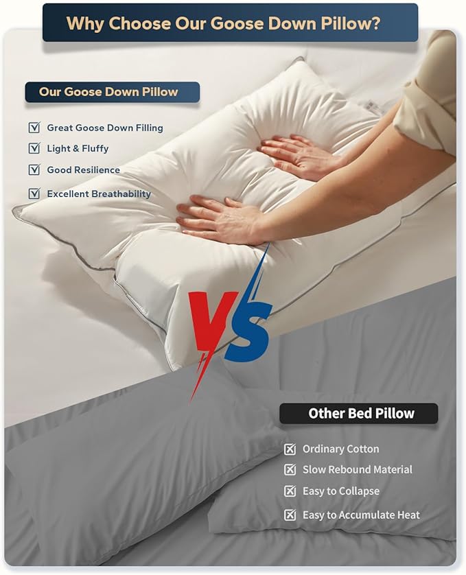 Goose Down Pillow for Sleeping, Hotel Quality 750 Fill Power Queen Size Pillow with Pillowcase - Bed Pillow for Master Bedroom, Support for Back, Side, Stomach Sleepers, 1 Pack, 20x30 Inch