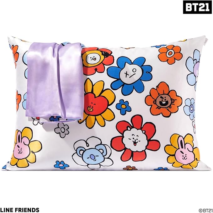 Kitsch x BT21 Satin Pillowcase with Zipper – Better Than Silk Pillowcase, Mang Character & Funky Floral Print – Soft Cooling Toddler Bed Time Pillow Case for Hair & Skin – Queen/Standard 19x26